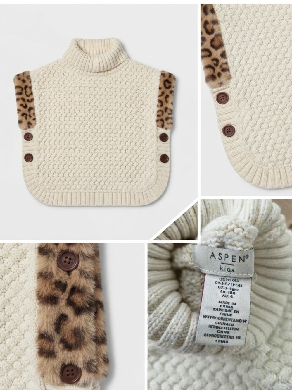 Cream Knit Poncho with Leopard Trim